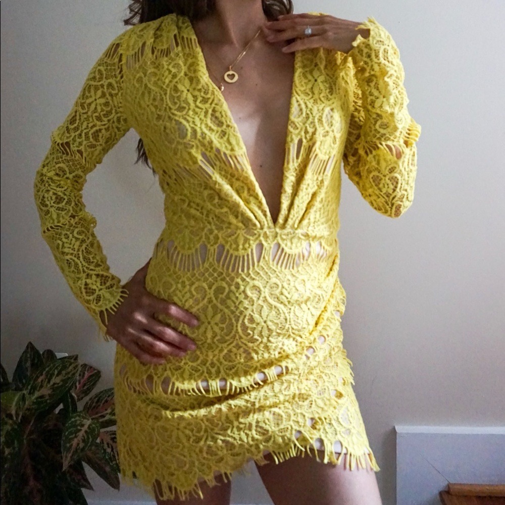 Deep V , lace yellow dress